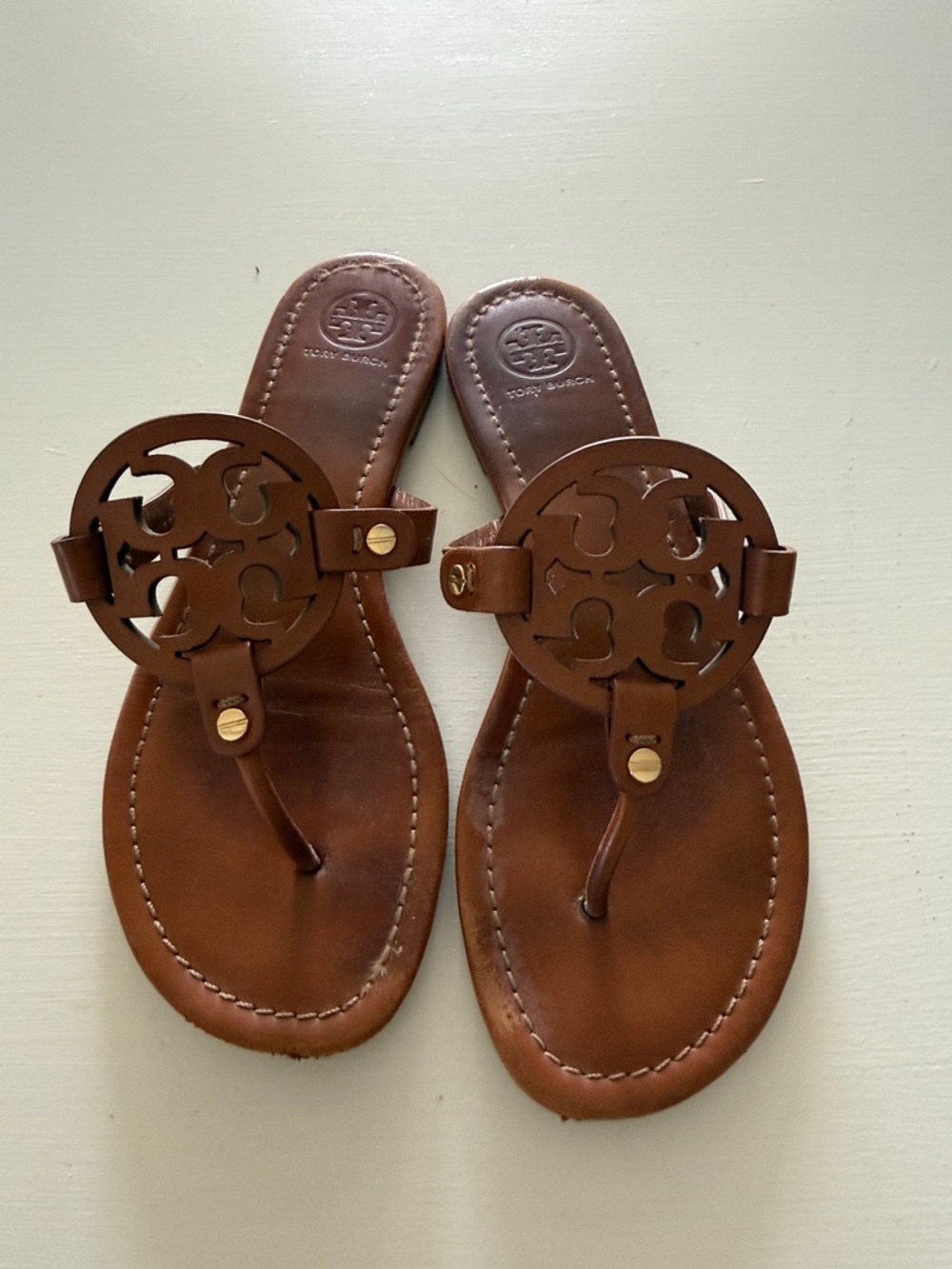 Tory Burch Brown Leather Logo Thong Sandals